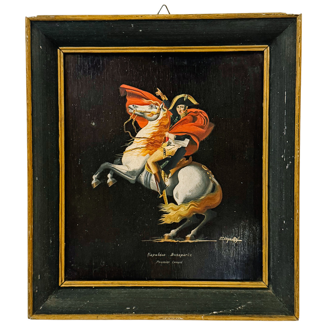Vintage Miniature Oil Painting of Napoleon Crossing the Alps After Jacques-Louis David - Small Framed French Imperial Portrait Oil on Board