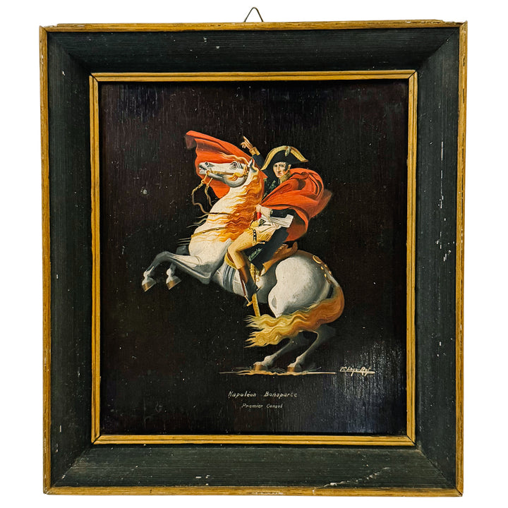 Vintage Miniature Oil Painting of Napoleon Crossing the Alps After Jacques-Louis David - Small Framed French Imperial Portrait Oil on Board
