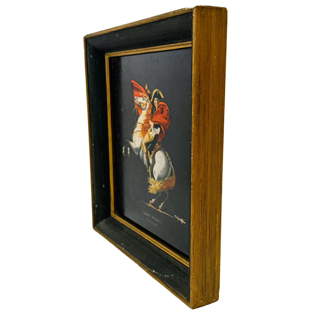 Vintage Miniature Oil Painting of Napoleon Crossing the Alps After Jacques-Louis David - Small Framed French Imperial Portrait Oil on Board