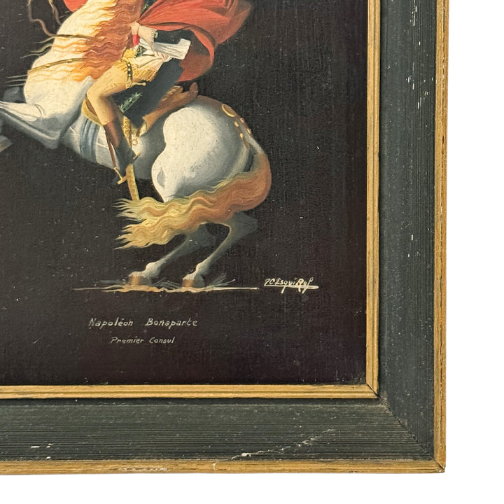 Vintage Miniature Oil Painting of Napoleon Crossing the Alps After Jacques-Louis David - Small Framed French Imperial Portrait Oil on Board