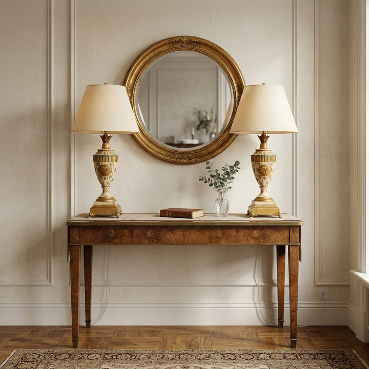 Vintage Neoclassical Crackle Glazed Urn Table Lamps With Medallions