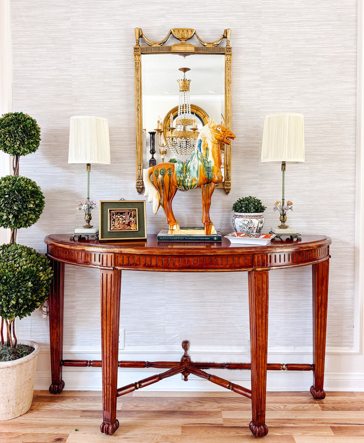Vintage Neoclassical Fluted Demilune Console Table With Pineapple Finial Stretcher