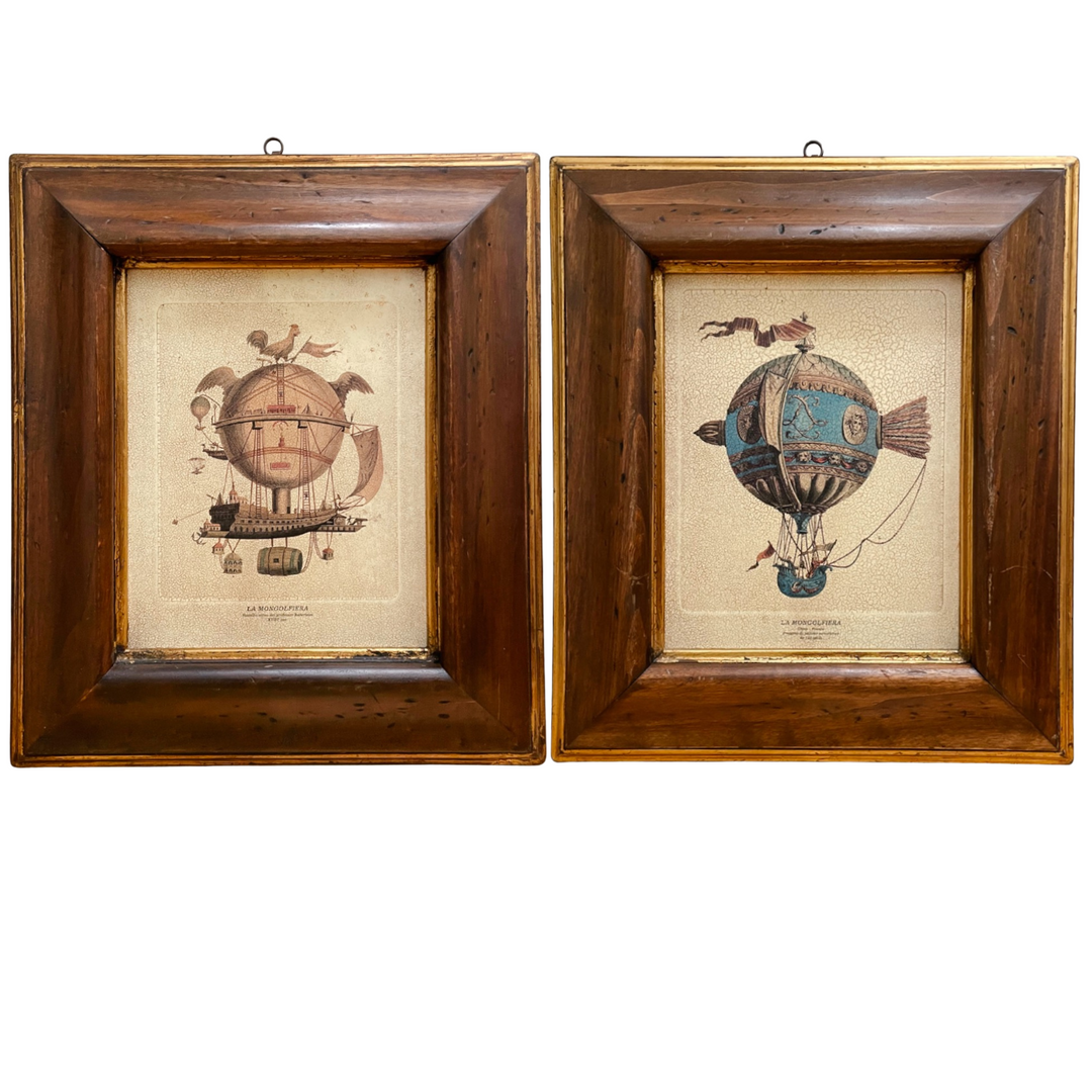 Vintage Pair Of Framed Hot Air Balloon Giclee Prints On Board