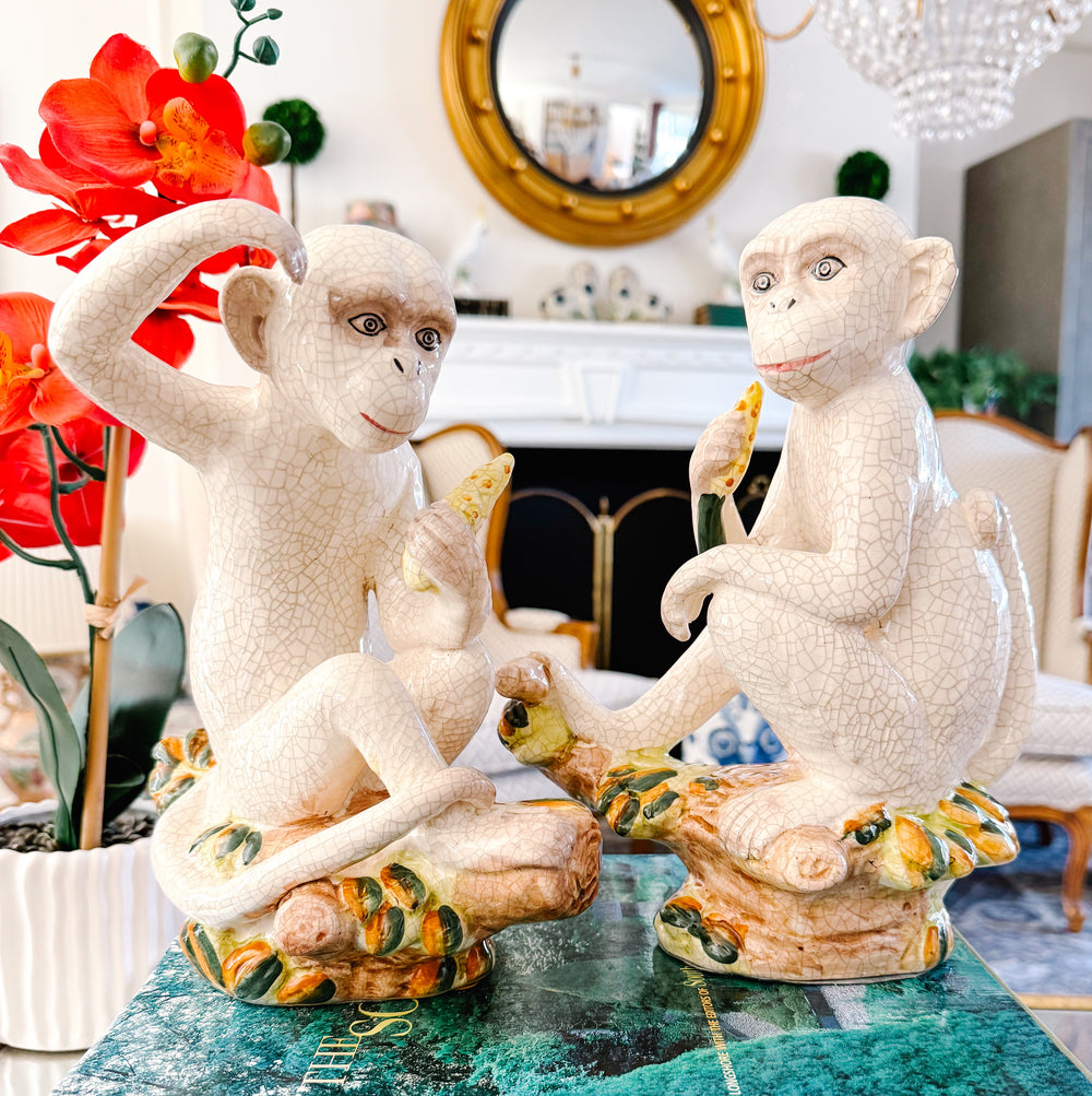 Vintage Pair of White Crackle Chinoiserie Monkeys