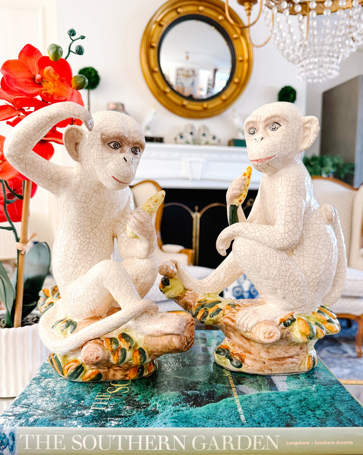 Vintage Pair of White Crackle Chinoiserie Monkeys
