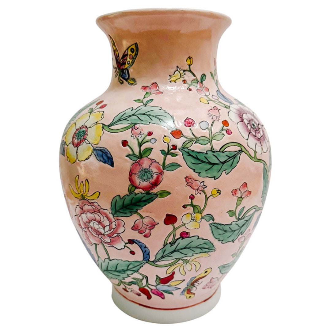 Vintage Pink Chrysanthemums Chinoiserie Vase