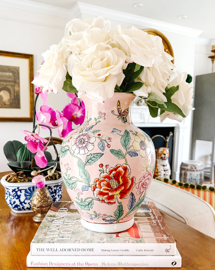 Vintage Pink Chrysanthemums Chinoiserie Vase