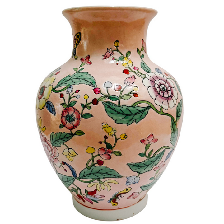 Vintage Pink Chrysanthemums Chinoiserie Vase