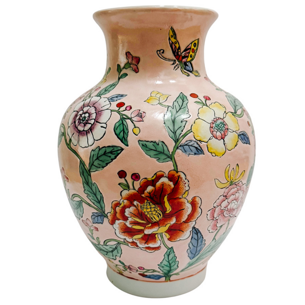 Vintage Pink Chrysanthemums Chinoiserie Vase
