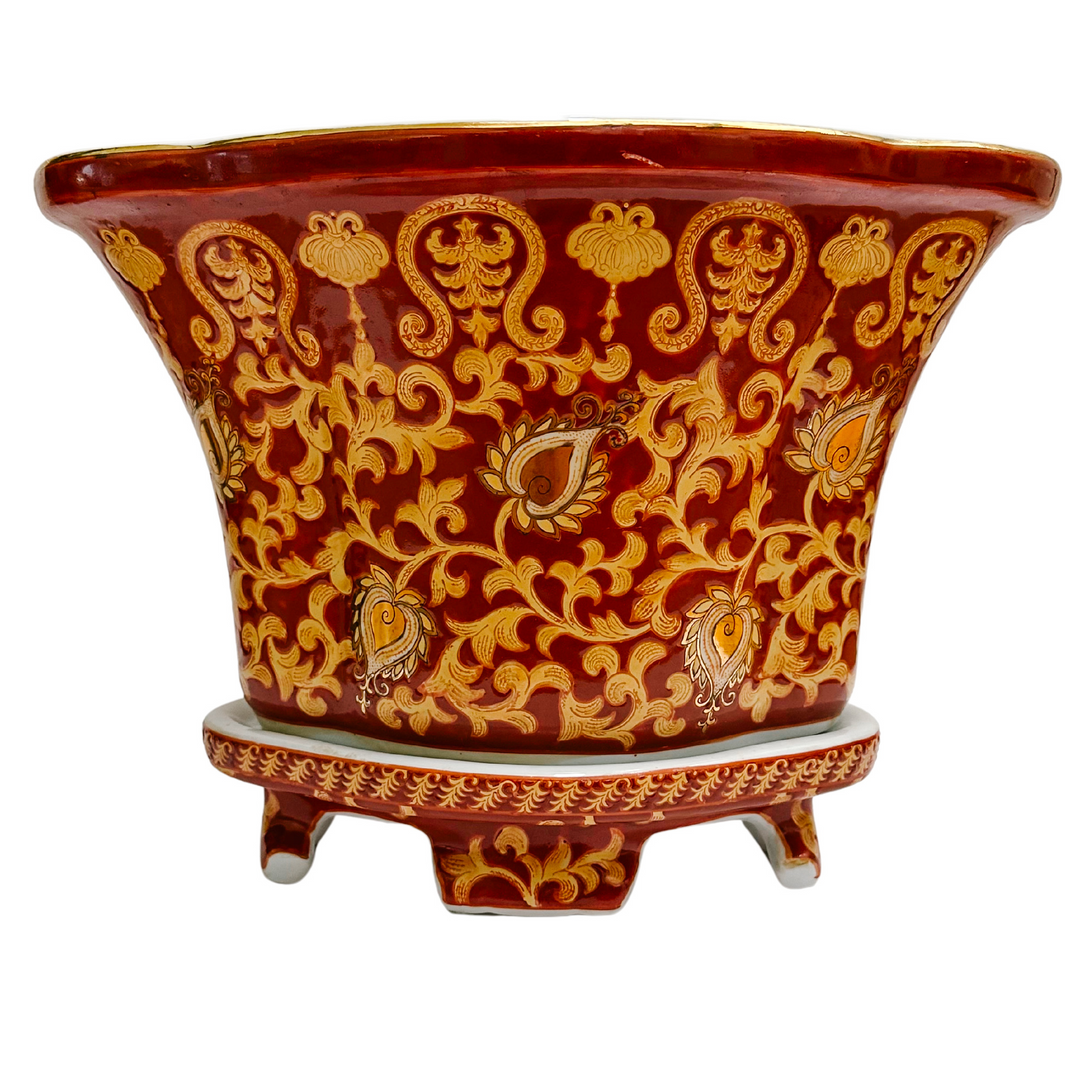 Vintage Red & Gold Chinoiserie Tapestry Planter With Stand