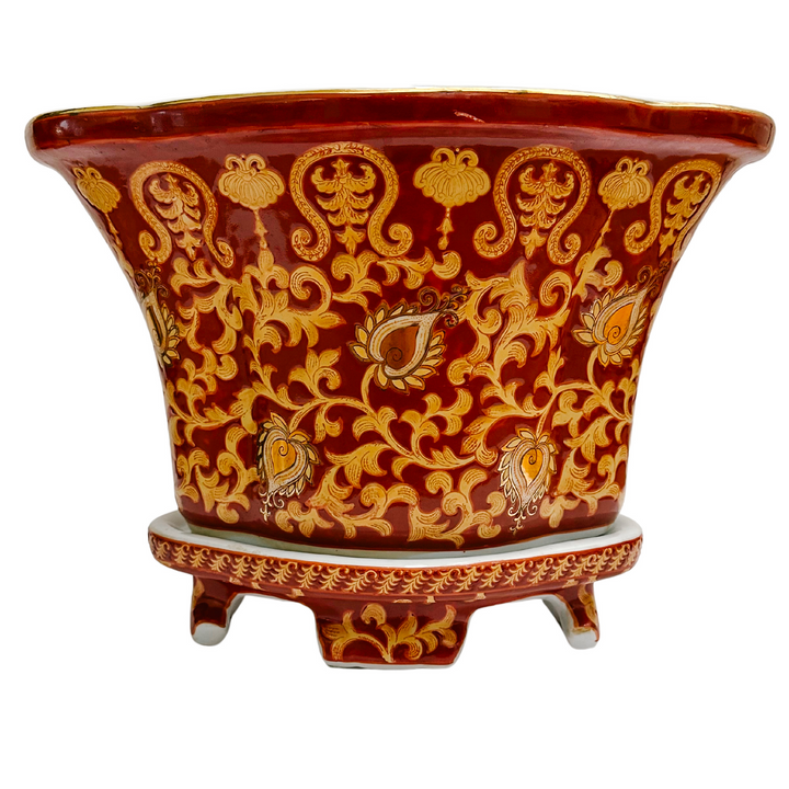 Vintage Red & Gold Chinoiserie Tapestry Planter With Stand