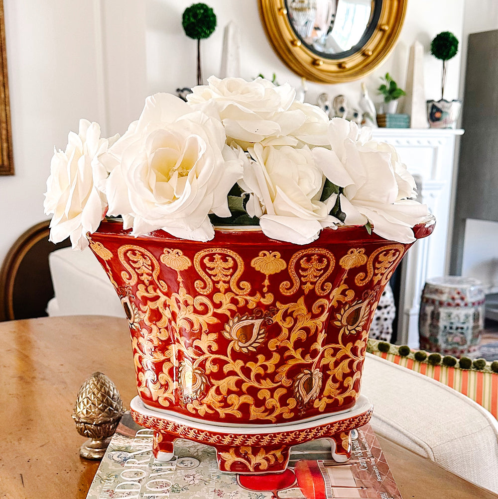 Vintage Red & Gold Chinoiserie Tapestry Planter With Stand