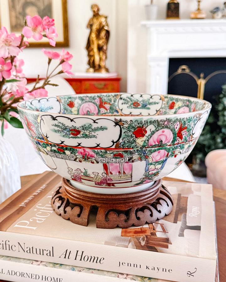 Vintage Rose Canton Hand-Painted Porcelain Punch Bowl with Carved Wood Stand