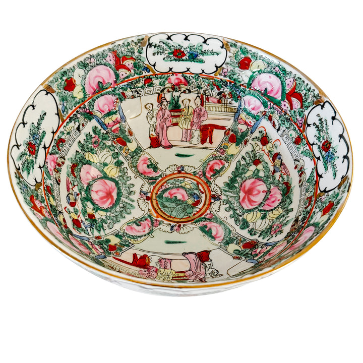 Vintage Rose Canton Hand-Painted Porcelain Punch Bowl with Carved Wood Stand