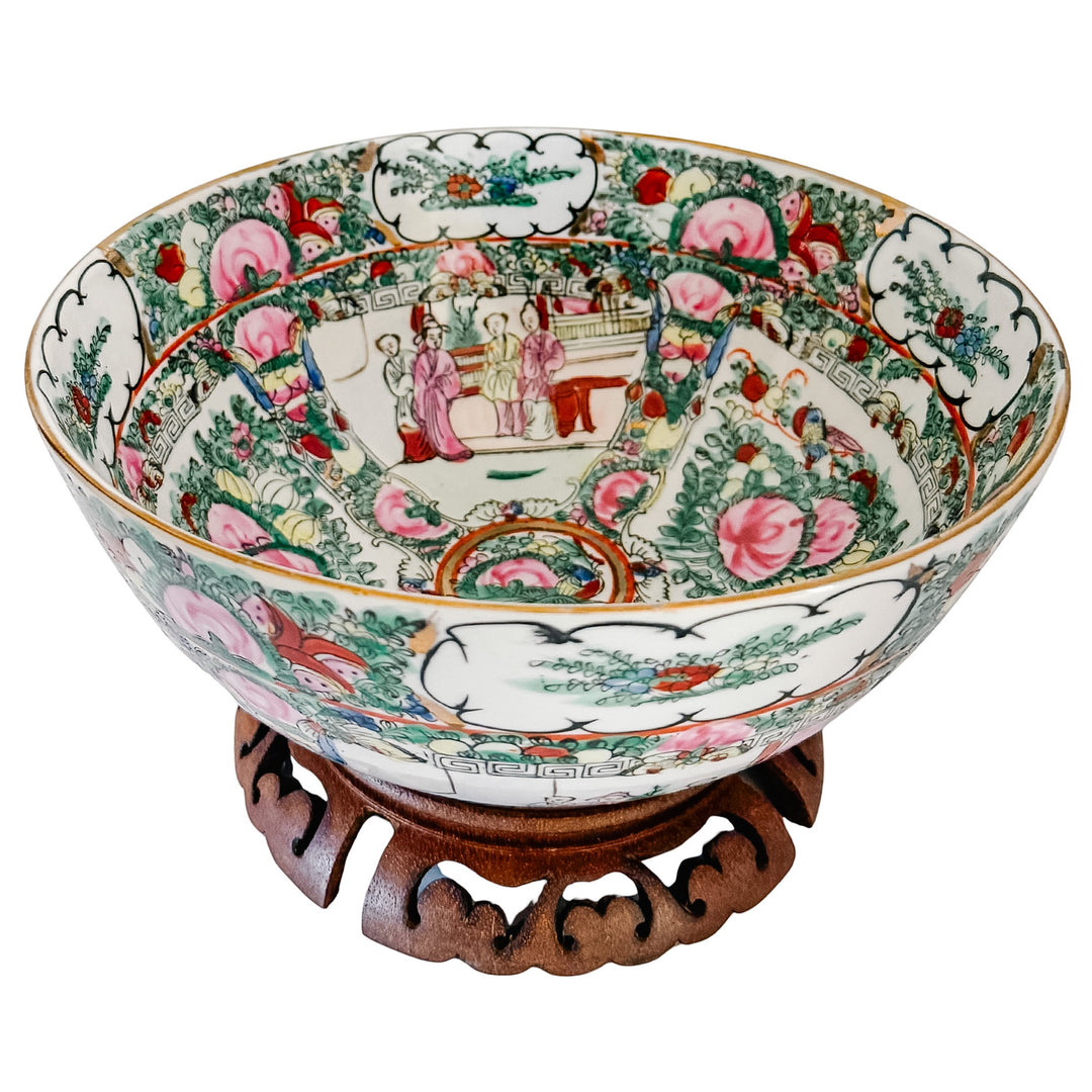 Vintage Rose Canton Hand-Painted Porcelain Punch Bowl with Carved Wood Stand