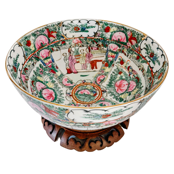 Vintage Rose Canton Hand-Painted Porcelain Punch Bowl with Carved Wood Stand