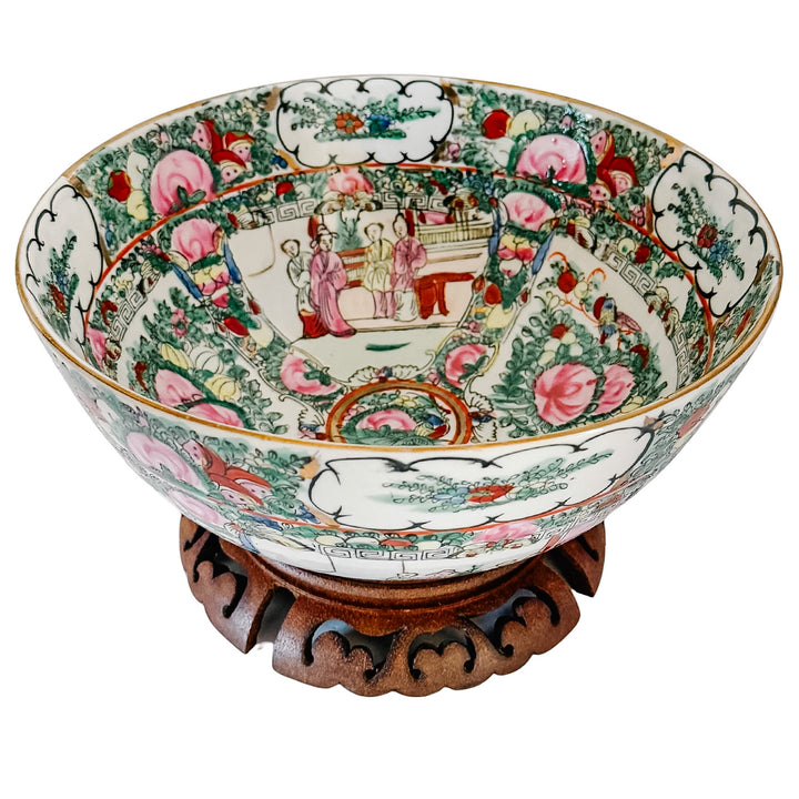 Vintage Rose Canton Hand-Painted Porcelain Punch Bowl with Carved Wood Stand
