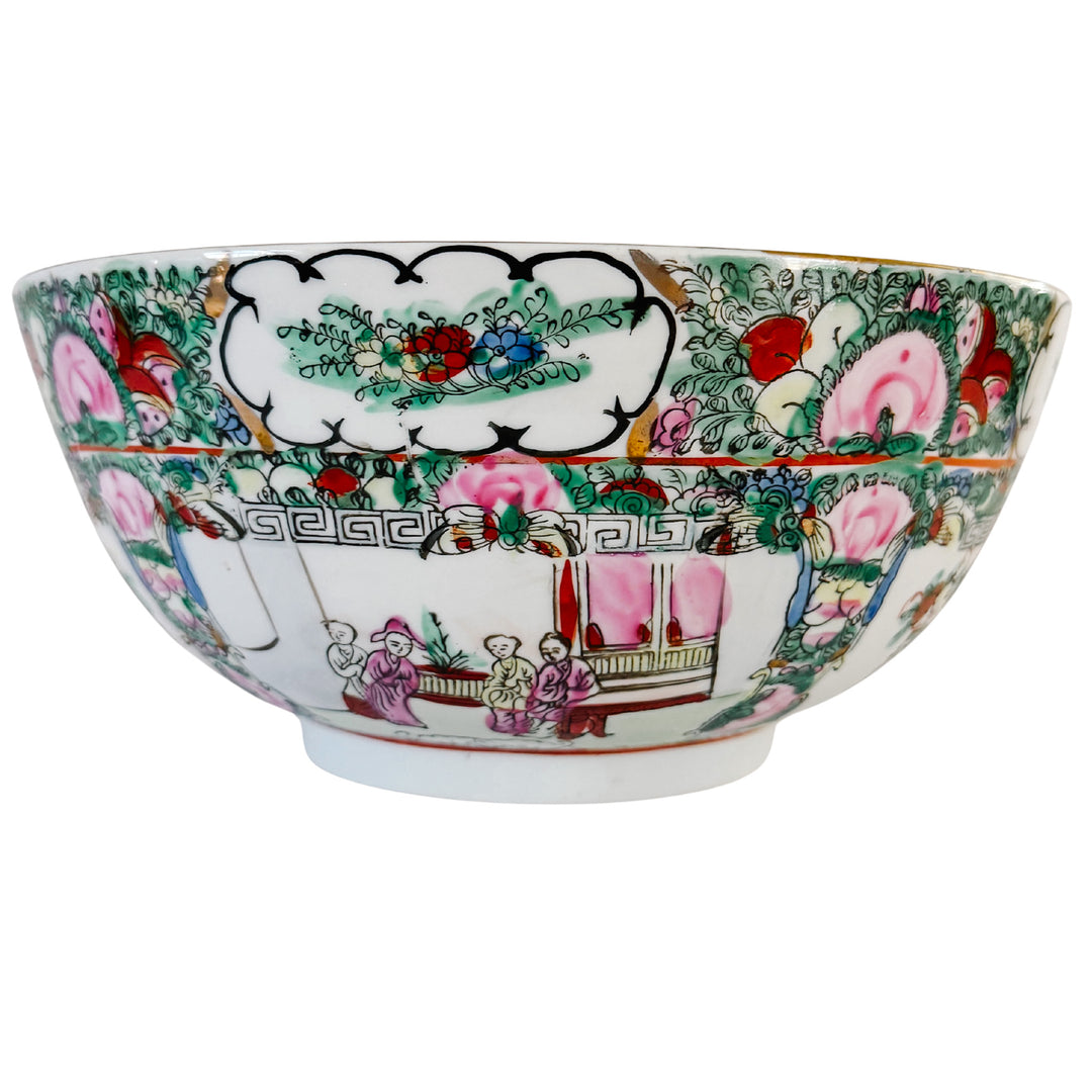 Vintage Rose Canton Hand-Painted Porcelain Punch Bowl with Carved Wood Stand