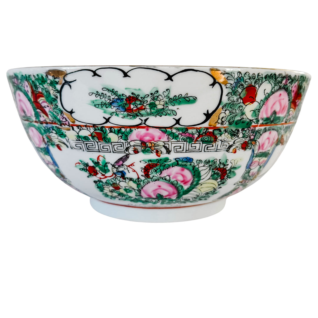 Vintage Rose Canton Hand-Painted Porcelain Punch Bowl with Carved Wood Stand