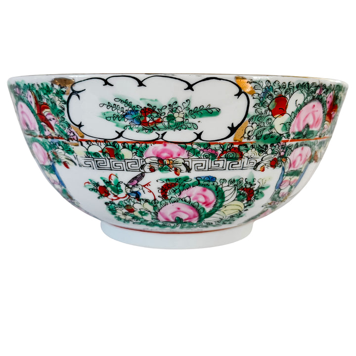 Vintage Rose Canton Hand-Painted Porcelain Punch Bowl with Carved Wood Stand