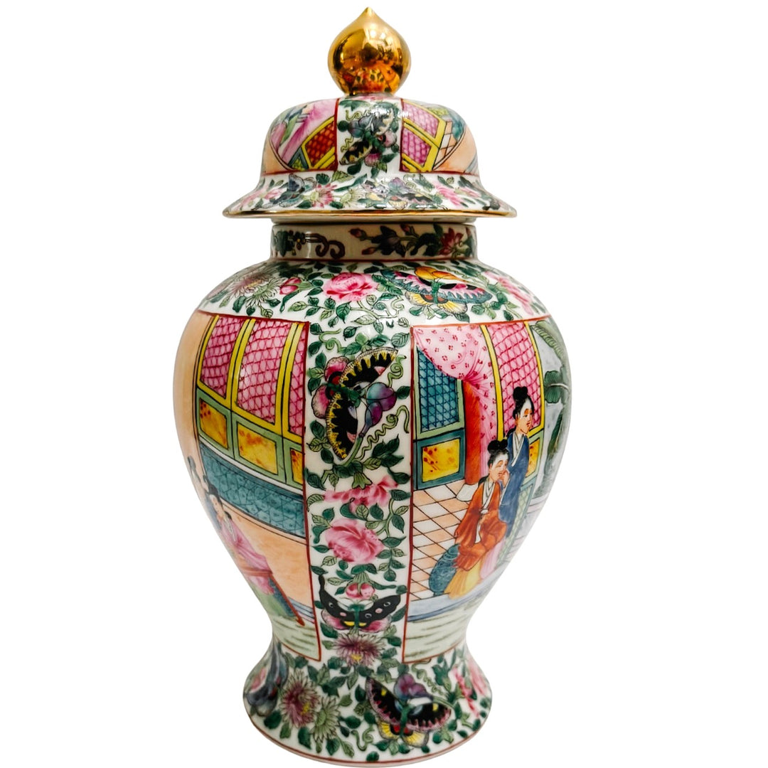 Vintage Rose Medallion Chinoiserie Temple Jar