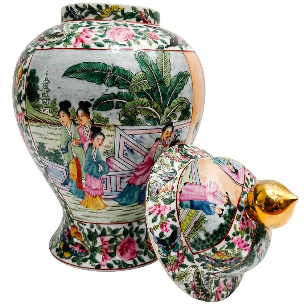 Vintage Rose Medallion Chinoiserie Temple Jar