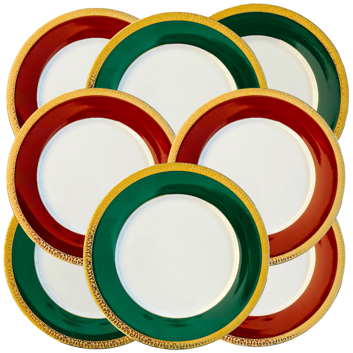 Vintage Royal Gallery Gold Buffet Dinner Plates With Green & Red Bands 24k Gold Filigree