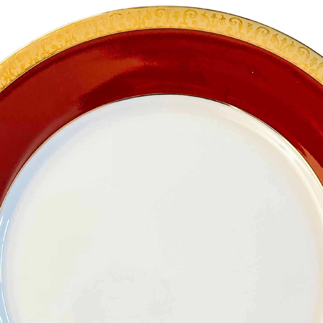 Vintage Royal Gallery Gold Buffet Dinner Plates With Green & Red Bands 24k Gold Filigree