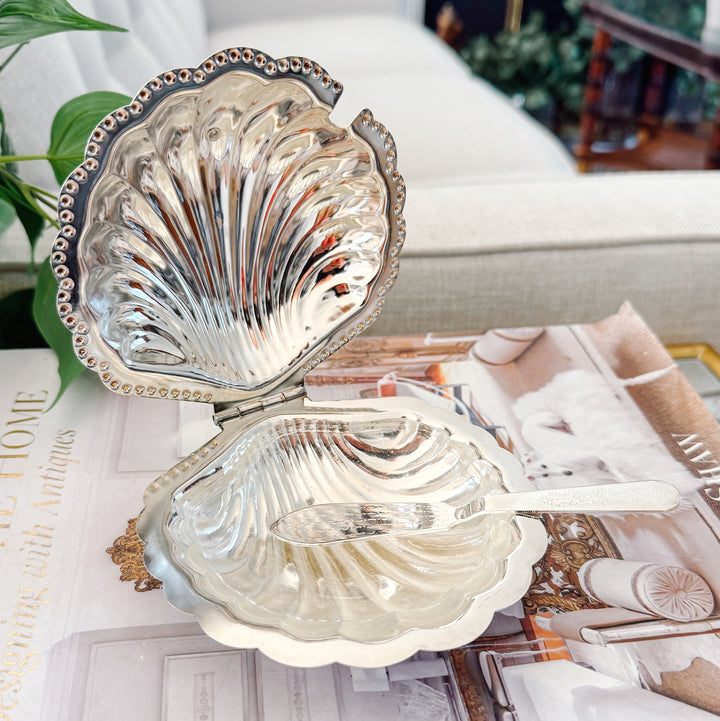 Vintage Silver-Plated Shell Butter Dish & Caviar Server With Spreader and Glass Liner