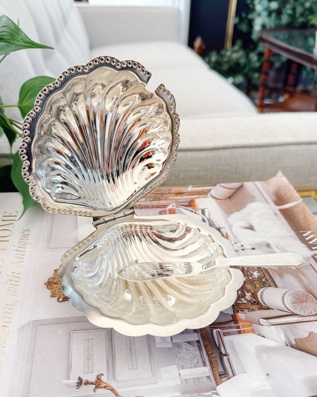 Vintage Silver-Plated Shell Butter Dish & Caviar Server With Spreader and Glass Liner