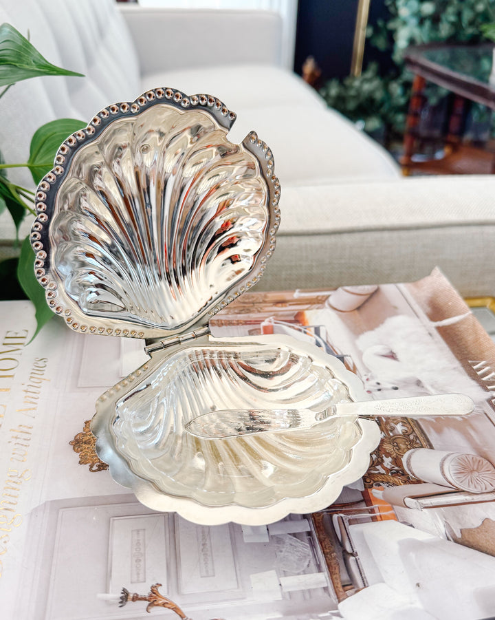 Vintage Silver-Plated Shell Butter Dish & Caviar Server With Spreader and Glass Liner