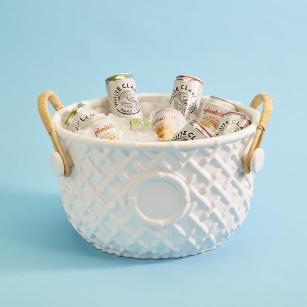 White Glazed Ceramic Bamboo Champagne Bucket With Rattan Handles