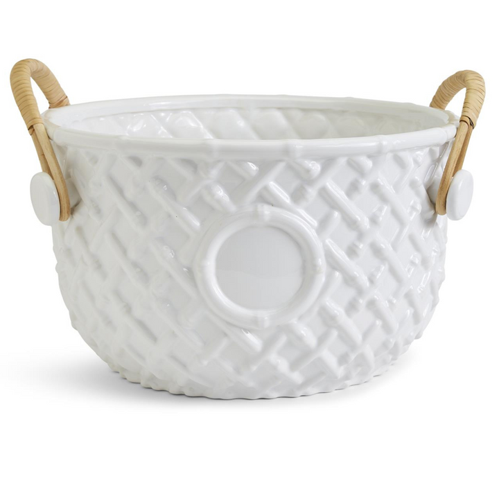 White Glazed Ceramic Bamboo Champagne Bucket With Rattan Handles