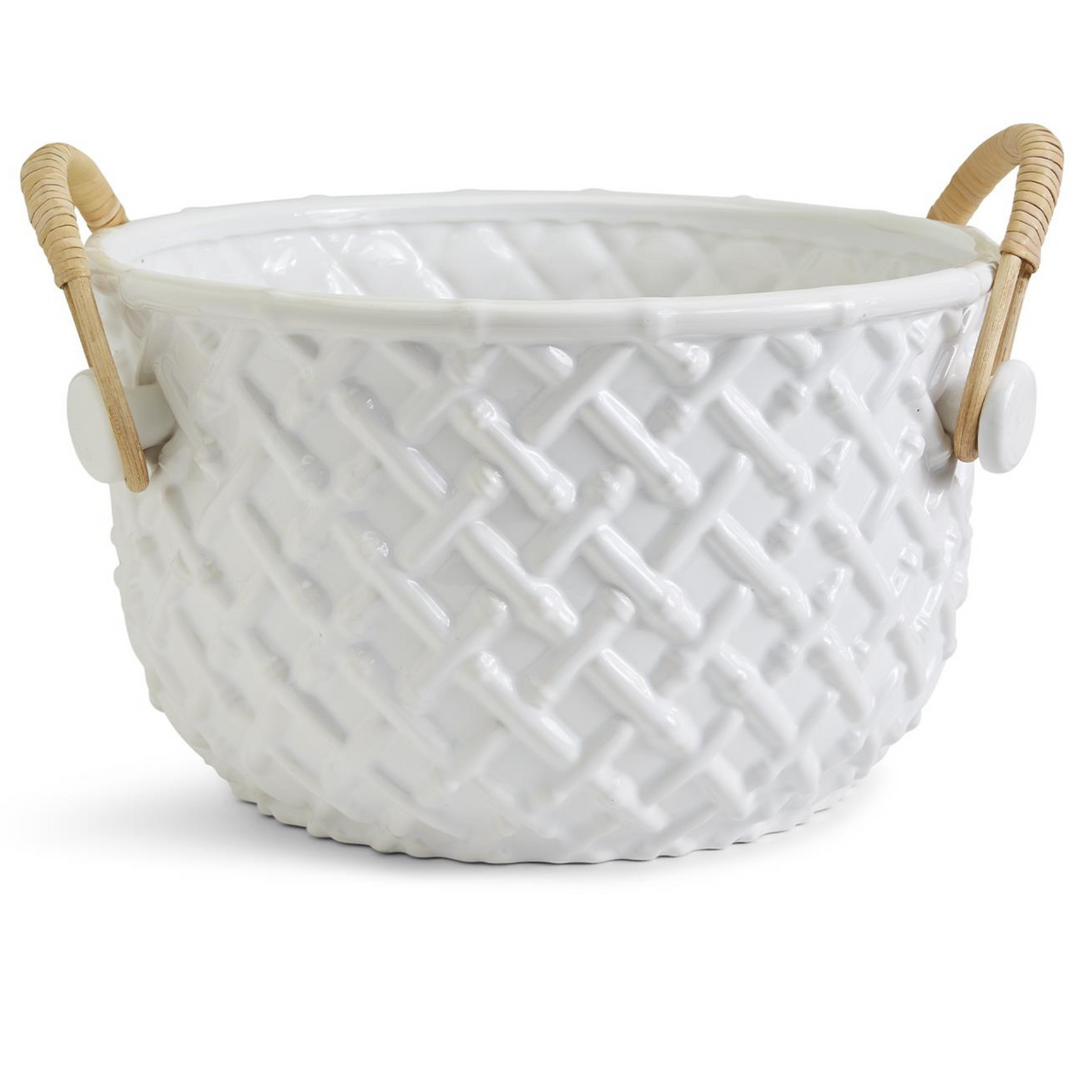 White Glazed Ceramic Bamboo Champagne Bucket With Rattan Handles