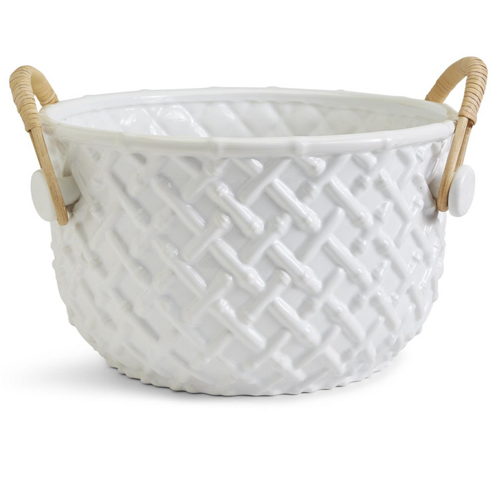 White Glazed Ceramic Bamboo Champagne Bucket With Rattan Handles