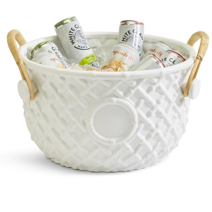 White Glazed Ceramic Bamboo Champagne Bucket With Rattan Handles