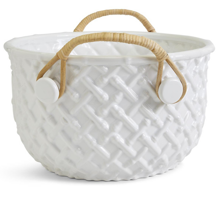 White Glazed Ceramic Bamboo Champagne Bucket With Rattan Handles