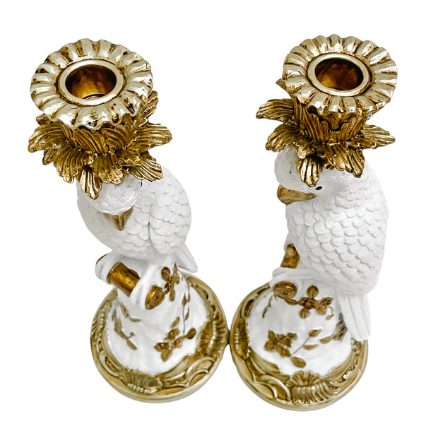 White & Gold Parrot Candlesticks Pair