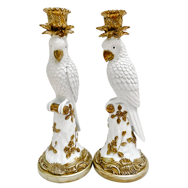 White & Gold Parrot Candlesticks Pair