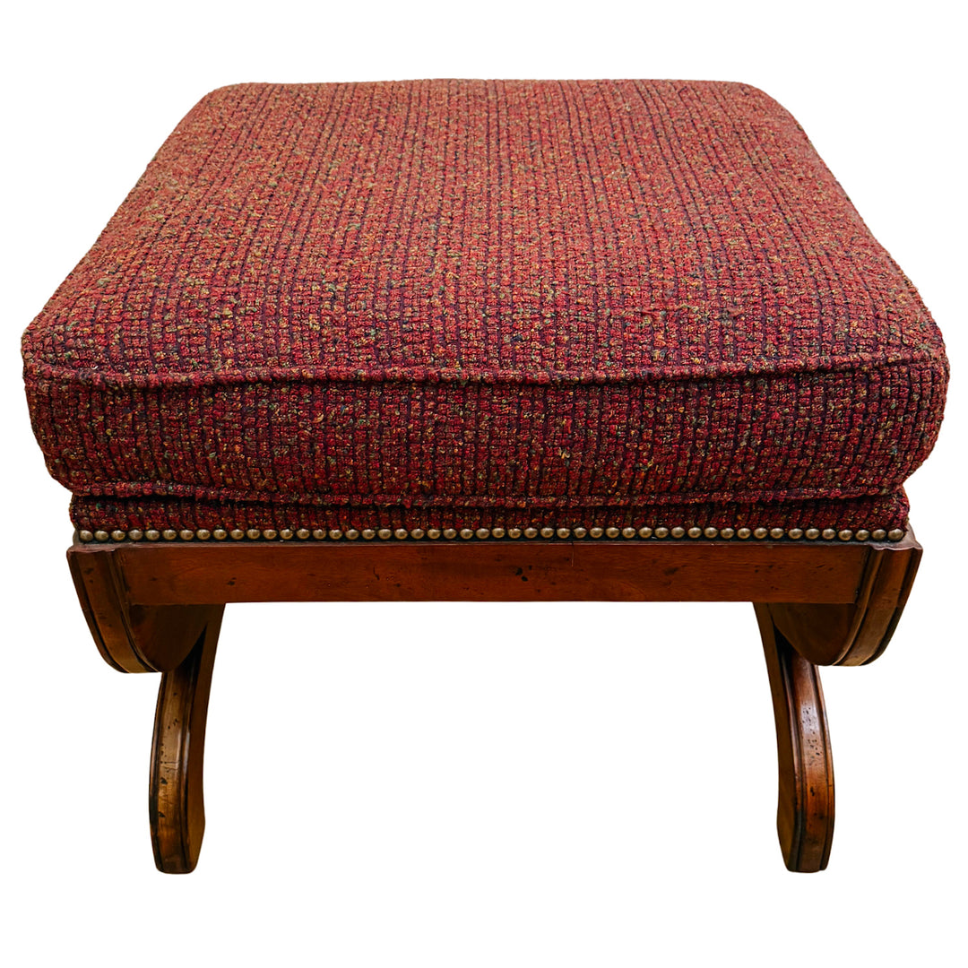 X-Frame English Regency Upholstered Ottomans With Carved Rosettes and Nailhead Trim
