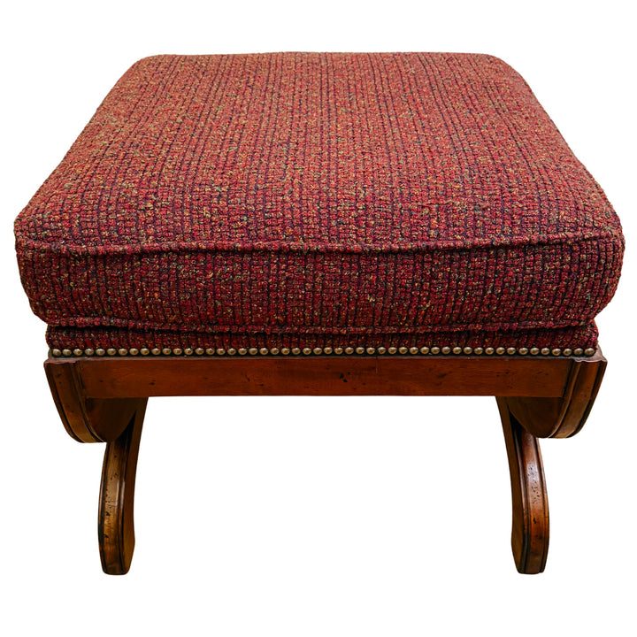 X-Frame English Regency Upholstered Ottomans With Carved Rosettes and Nailhead Trim