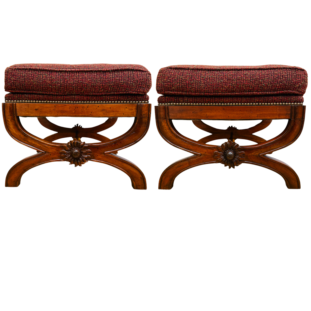 X-Frame English Regency Upholstered Ottomans With Carved Rosettes and Nailhead Trim