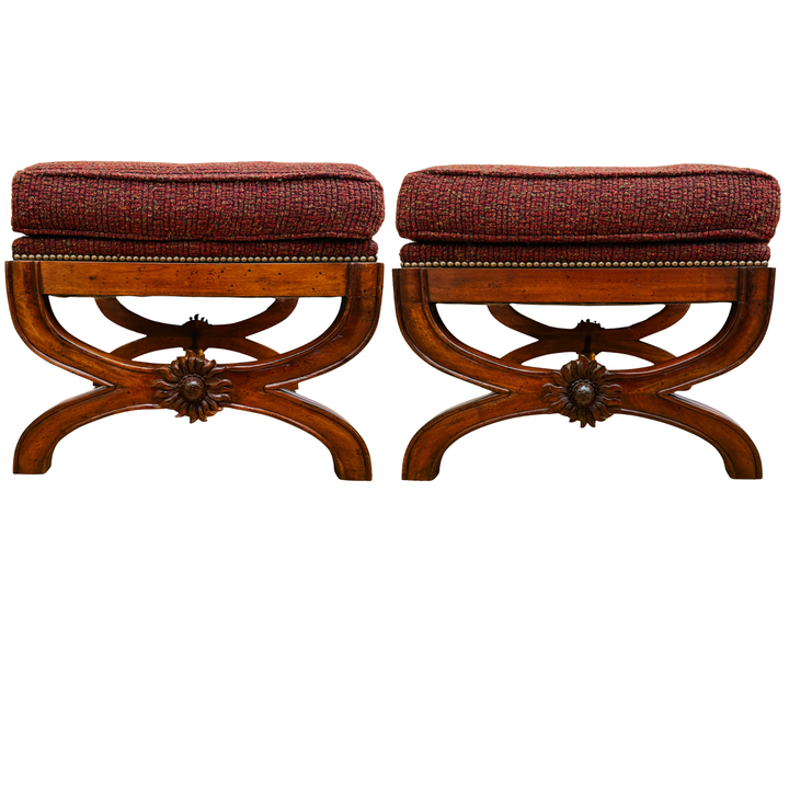 X-Frame English Regency Upholstered Ottomans With Carved Rosettes and Nailhead Trim