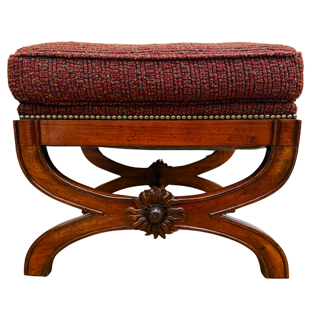X-Frame English Regency Upholstered Ottomans With Carved Rosettes and Nailhead Trim