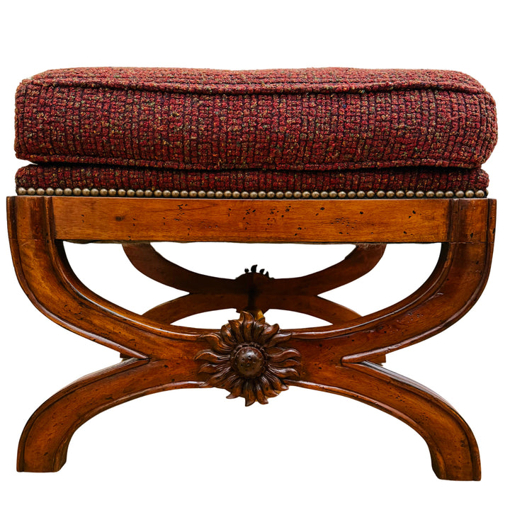 X-Frame English Regency Upholstered Ottomans With Carved Rosettes and Nailhead Trim