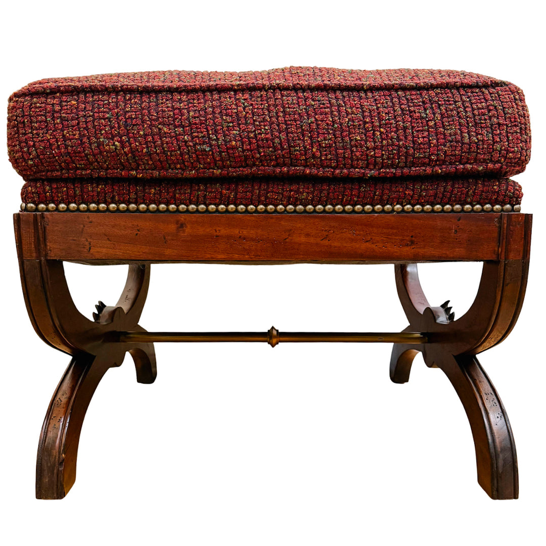 X-Frame English Regency Upholstered Ottomans With Carved Rosettes and Nailhead Trim