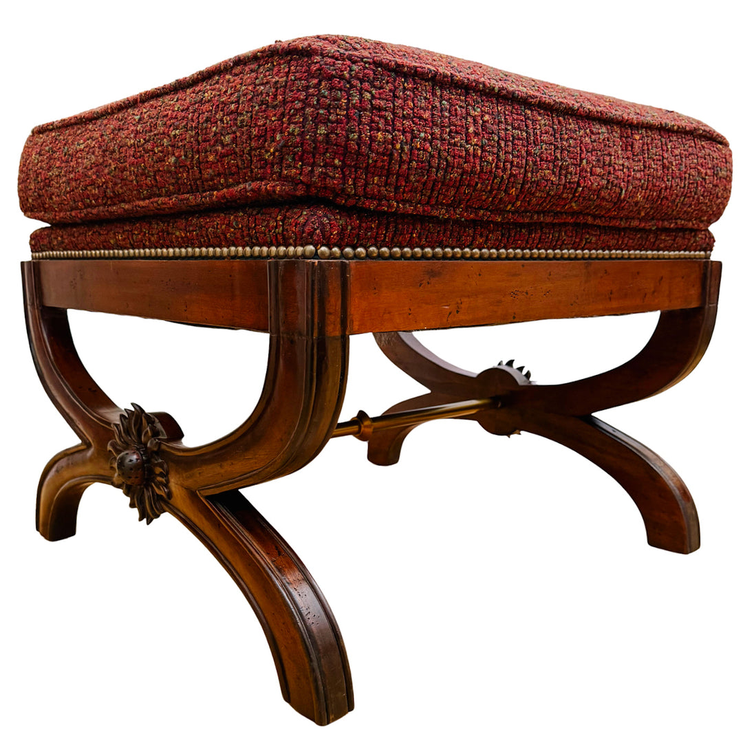 X-Frame English Regency Upholstered Ottomans With Carved Rosettes and Nailhead Trim