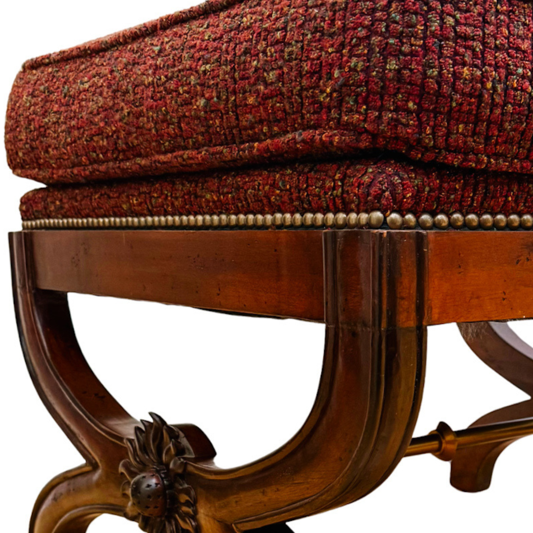 X-Frame English Regency Upholstered Ottomans With Carved Rosettes and Nailhead Trim