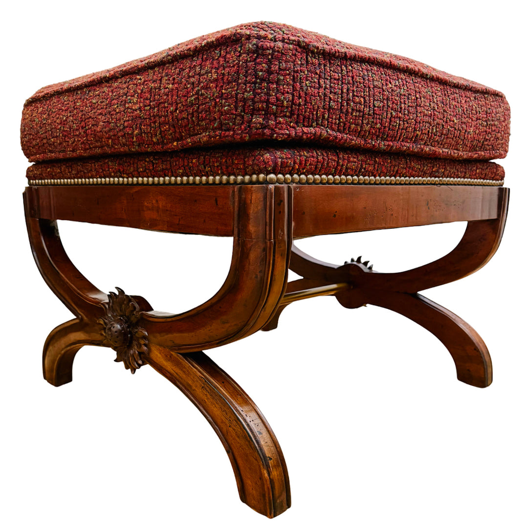 X-Frame English Regency Upholstered Ottomans With Carved Rosettes and Nailhead Trim