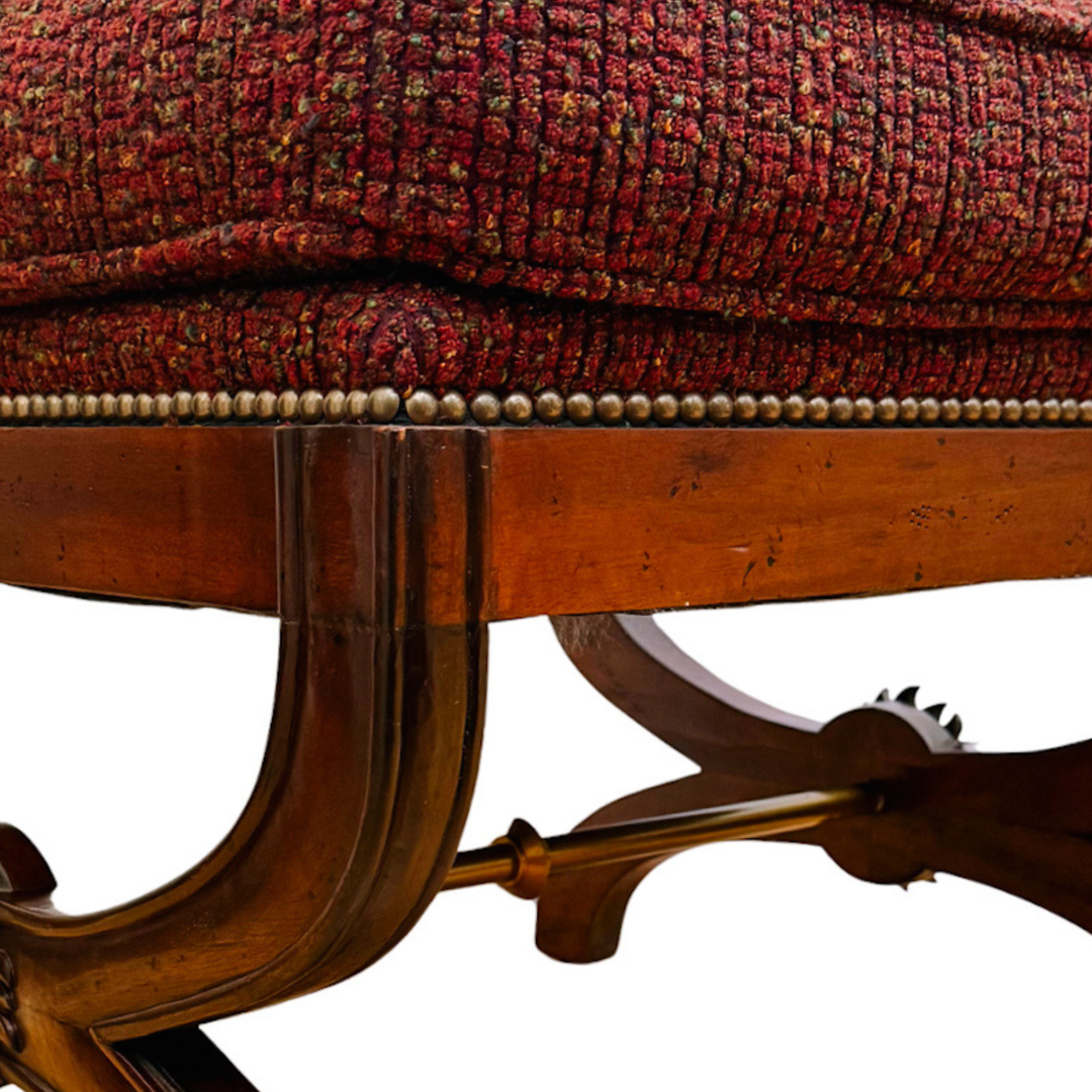 X-Frame English Regency Upholstered Ottomans With Carved Rosettes and Nailhead Trim